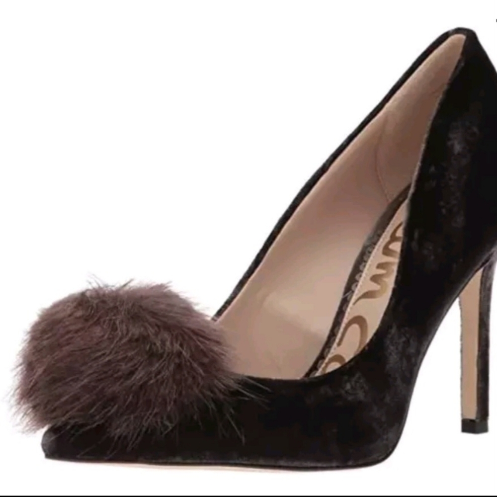 Sam Edelman Black Velvet Heels with Brown Pom Pom